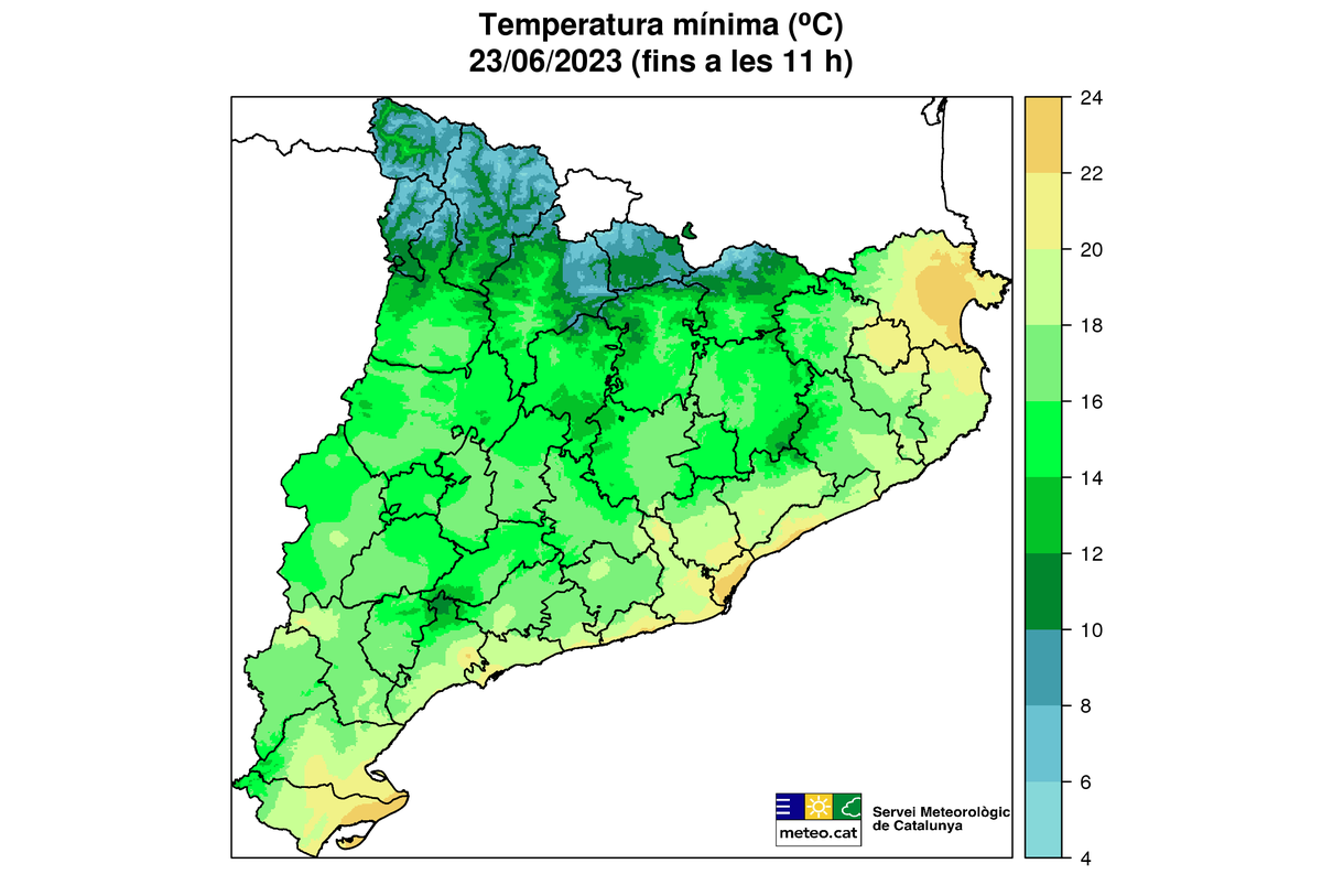 La matinada d'avui divendres ha estat més fresca que la d'ahir a bona part de Catalunya, però la temperatura no ha baixat dels 22 ºC a sectors del #DeltadelEbre, el #Barcelonès i l'#AltEmpordà, amb mínimes de 23,4 ºC a Sant Pere Pescador o 23,2 ºC a Cabanes.