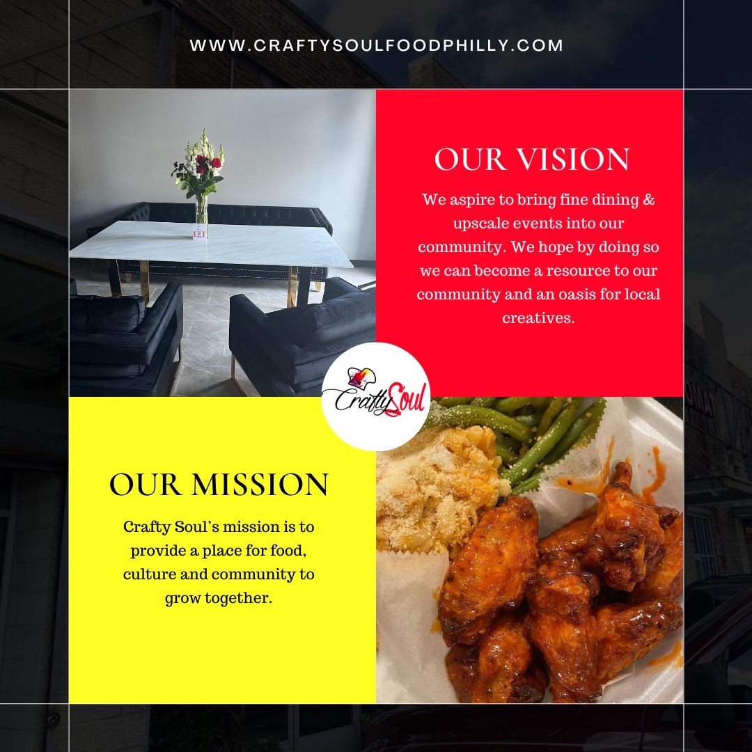 Crafty Soul's Vision & Mission 😍 

Call us 📞 215-921-5598
Order now 👉 bit.ly/3zLkCDA
Visit us: 📍 5610 Lancaster Ave, Philadelphia, PA 19131, United States

#CommunityEnrichment #CulinaryExperiences #LocalCreatives #Philadelphia #FoodieCulture #Philly #Soulfood