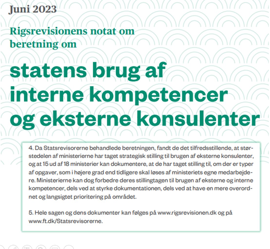 Statsrevisorerne er tilfredse med strategi for brug af rådgivere.👏 
Drøn vigtigt m sund og bevidst prioritering. Helt i tråd med guide fra Managementrådgiverne og Finansministeriet. 
Gode projekter kræver rette kompetencer i både off. og privat. #LadOsLøseDetSammen #dkpol #dkøko