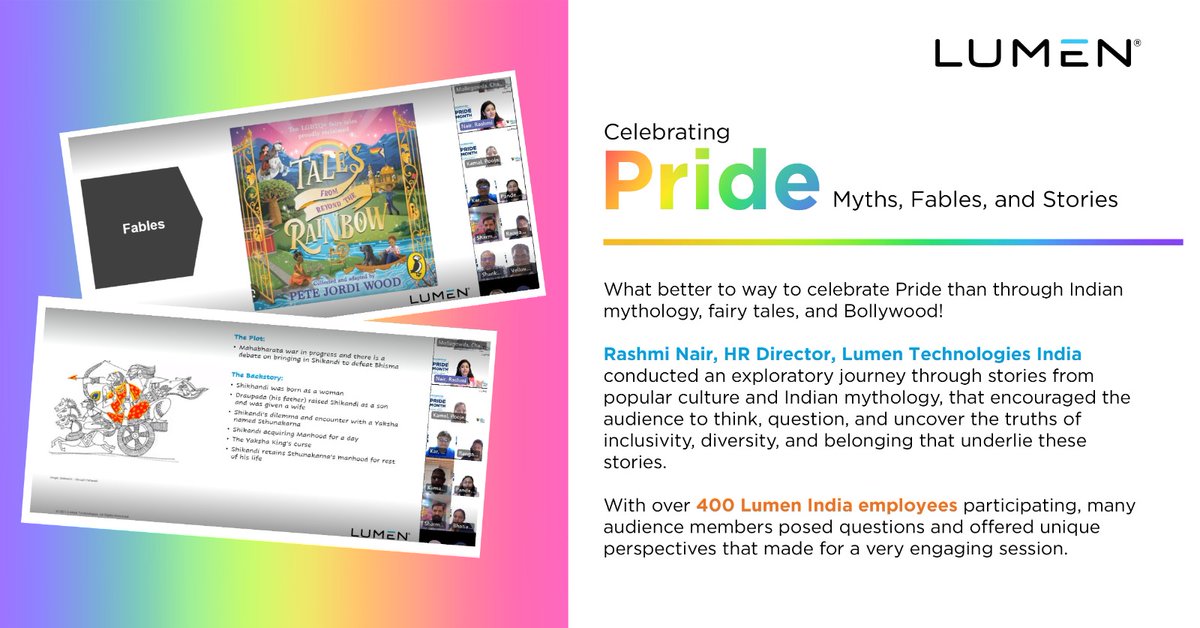 The Pride ERG (Employee Resource Group) kicked off Pride Month celebrations with an interesting journey through mythology, fables and stories conducted by India HR Director, Rashmi Nair.

#PrideMonth #beyouatlumen #Pride2023 #PrideMonth2023