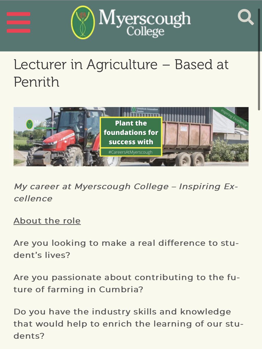Fantastic opportunity to join our @MyerscoughColl #Penrith #Agriculture team! 🚜 Our partnership with @ThrimbyFarms makes it a very exciting time to be joining us & supporting the future of farming in #Cumbria! #farming 
#farmingforthefuture #cumbriajobs lnkd.in/evTucFPM