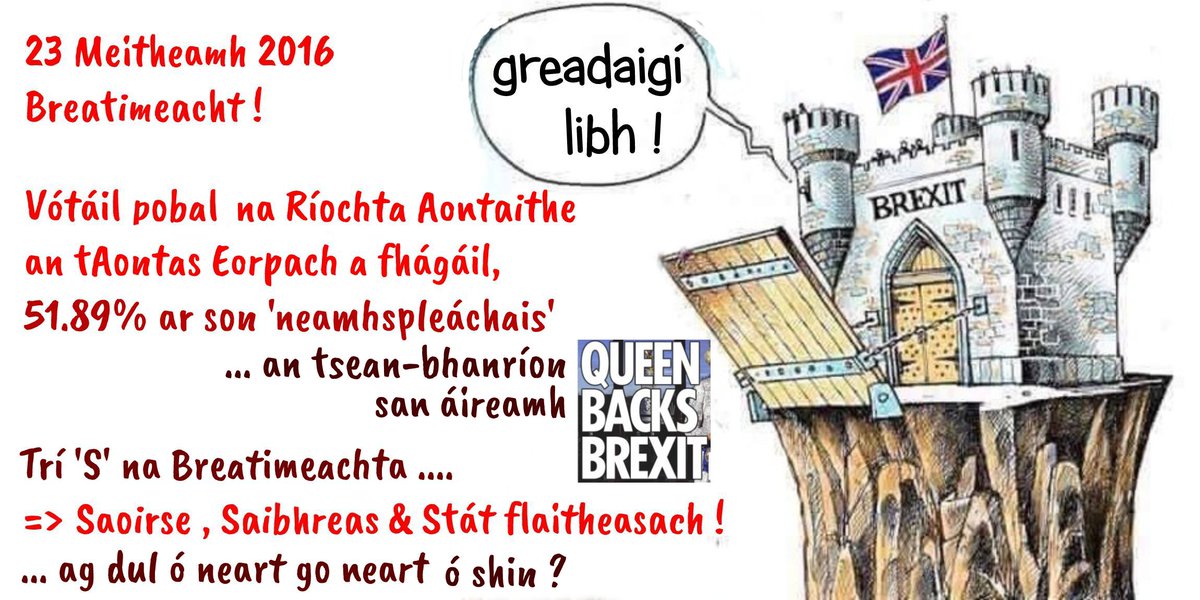 23 Mei. 2016 &amp; breatimeacht !

Vótáil pobal Shasana an tAE a fhágáil;
51.9% de mhóramh  i Sasana i bhfábhar
ga.wikipedia.org/wiki/Breatimea…

⏩ athrú ar chúrsaí i ndeireadh na dála ?
🔵 Sasana níos saibhre ná riamh ?
🔴 na heaspórtála ag teacht chucu féin ?
🔵 cnap mór airgid ag an NHS ?