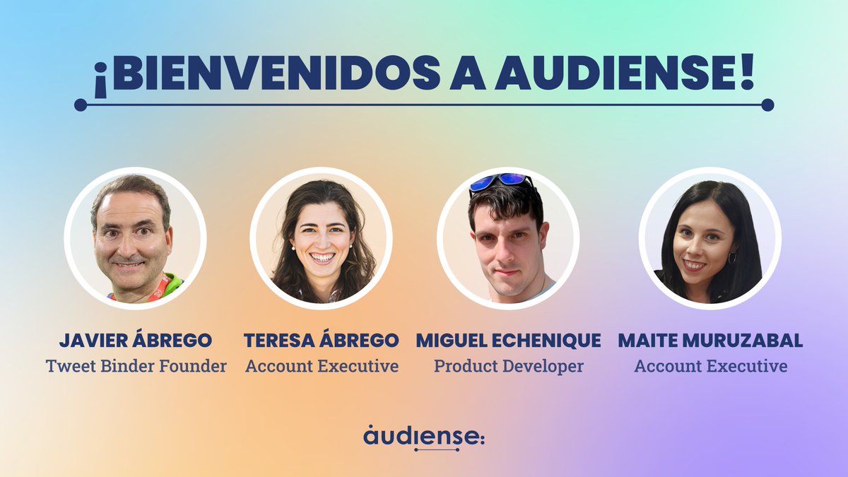 📣 ¡Cuando adquirimos <a href="/TweetBinder/">Tweet Binder</a> hace semanas, no solo enriquecimos nuestra plataforma, también nuestro equipo!
¡Conoce a los nuevos audiensers que llevarán el marketing en Twitter al siguiente nivel! 🚀
🎉 ¡Bienvenidos a Audiense, <a href="/fjabrego/">Javier Ábrego</a>, @cutus92, <a href="/miguel_cule/">Miguel Echenique</a> &amp; <a href="/maimuru/">Maite M</a>!