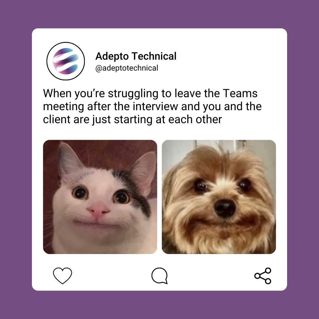 AdeptoTechnical's tweet image. When you know you've nailed the interview and that post-meeting awkwardness kicks in! 😅

#InterviewMeme #MeetingStrugles #RecruiterLife #RecruitmentMeme #RecruiterMeme #RecruitmentLife