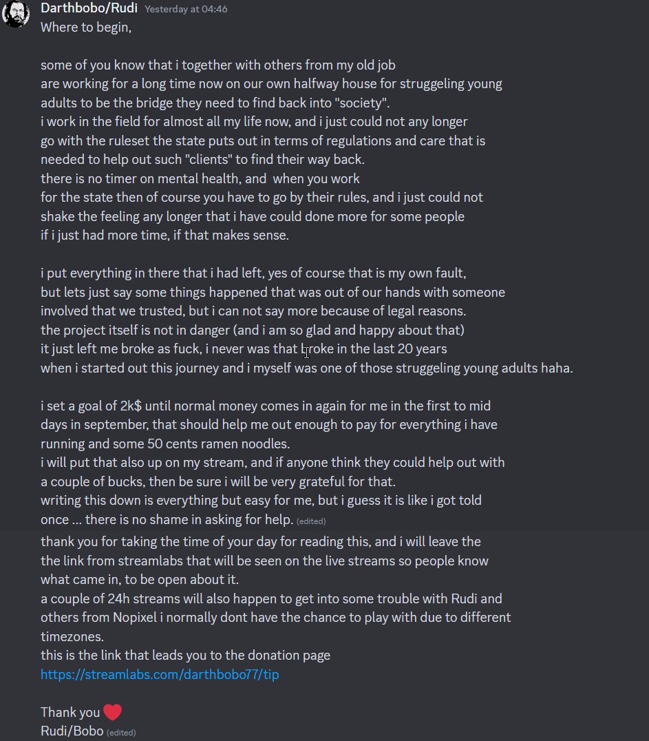 ok, this is not easy to post, but here we go....
thank you for reading it, and if you want to help out link will be on stream and down below.
thank you ♥️
oh, and also we are live of course ;)
streamlabs.com/darthbobo77/tip