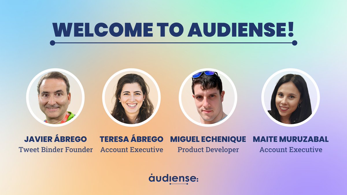 AudienseCo's tweet photo. 📣 When we acquired @TweetBinder a few weeks ago not only did we enrich our offering but also our team!

Meet the new audiensers who will be taking our Twitter marketing capabilities to the next level! 🚀

🎉 Welcome to Audiense @fjabrego, @cutus92, @miguel_cule &amp; @maimuru! https://t.co/Zhkt6t3Jkj