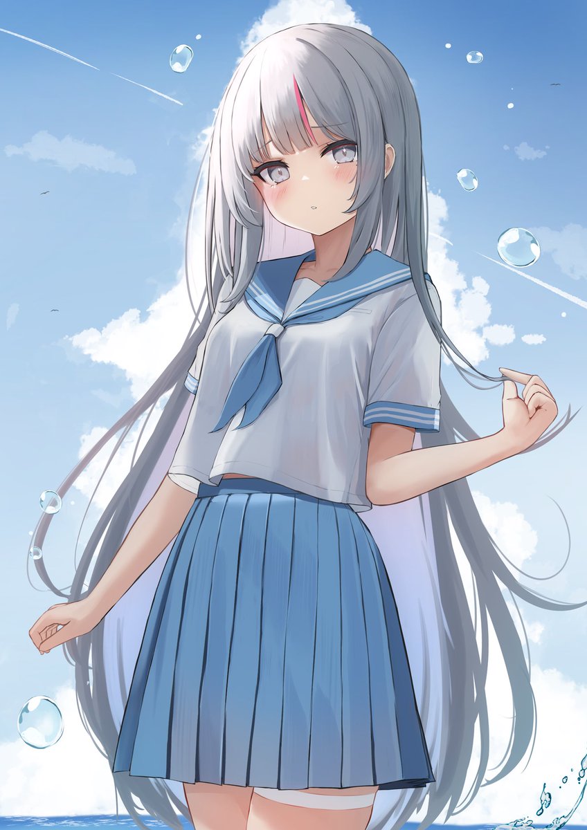 1girl solo skirt school uniform long hair blue skirt serafuku  illustration images