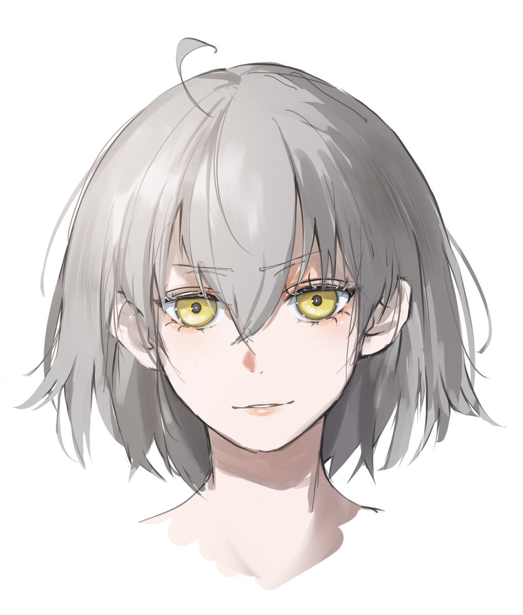 jeanne d'arc alter (avenger) (fate) ,jeanne d'arc alter (fate) 1girl solo yellow eyes ahoge grey hair white background short hair  illustration images