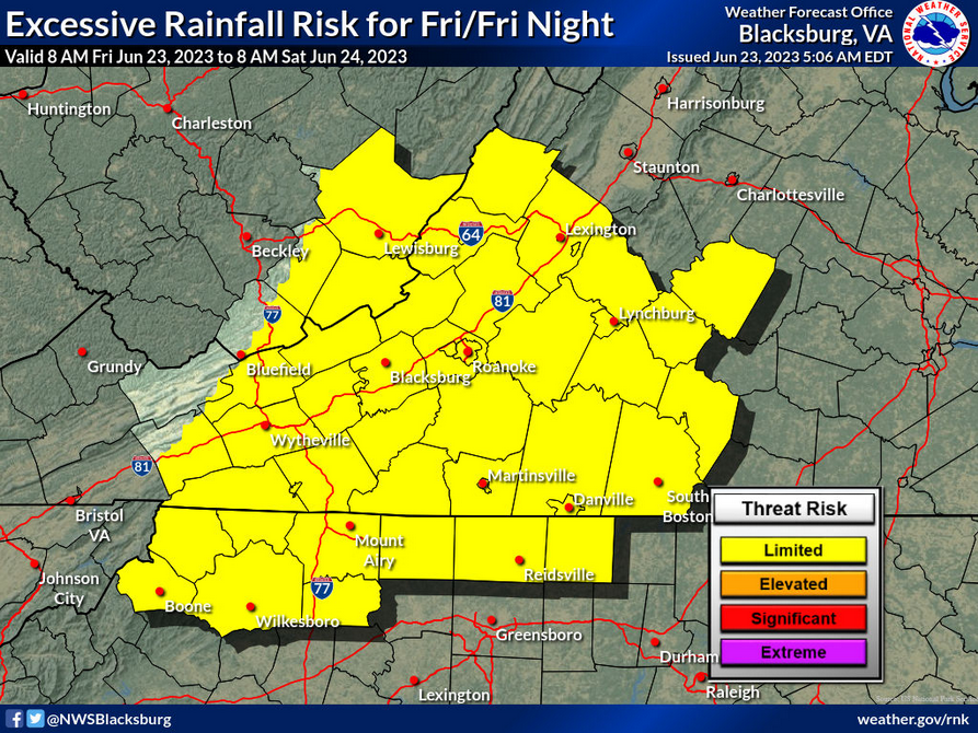 NWSBlacksburg's tweet photo. Showers and scattered storms today may  bring heavier downpours which could lead to localized flooding. Another system may bring strong to severe storms Monday, especially east of the Blue Ridge. https://t.co/7Jm8IFBrNP