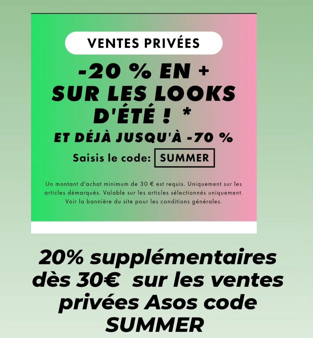 #bonsplans 
20% supplémentaires dès 30€ sur les ventes privées Asos code SUMMER
Lien↪ bit.ly/Asosfr