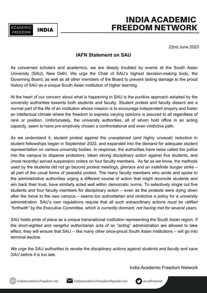 India Academic Freedom Network in solidarity with the suspended professors of South Asian University