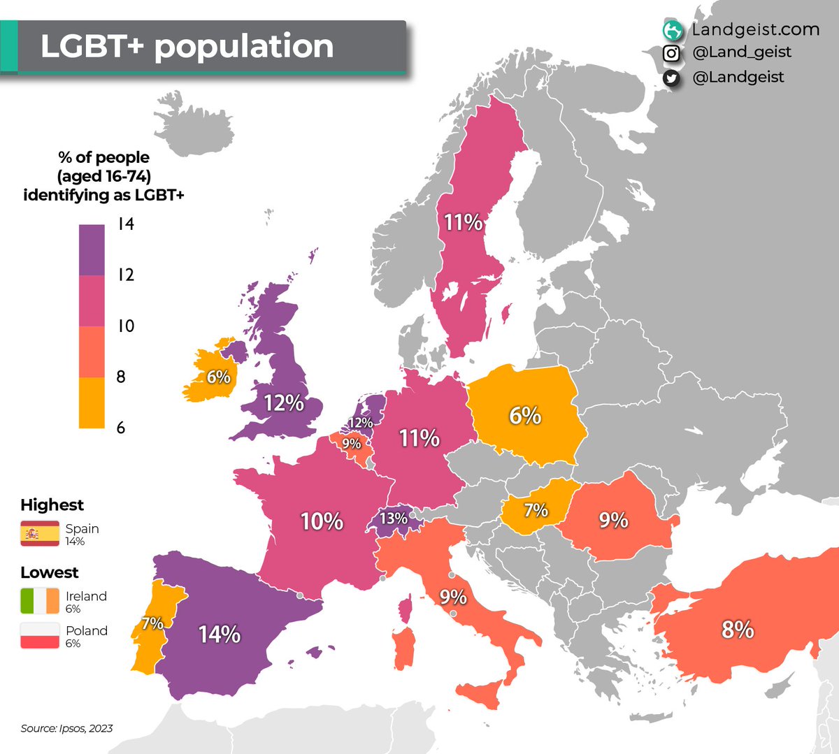 % of adults identifying as LGBT+ in #Europe

Full article: landgeist.com/2023/06/24/lgb…

#maps #GIS #dataviz #GeoSpatial #Spatial