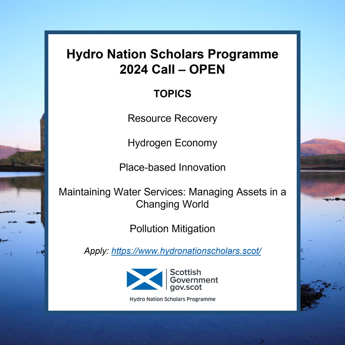 📢Hydro Nation Scholars Programme 2024 call for PROJECT APPLICATIONS now live! @HydroScholars @HNICScotland Topics: Resource Recovery, Hydrogen Economy, Place-based Innovation, Maintaining water services & Pollution Management. #ScotlandHydroNation hydronationscholars.scot/apply