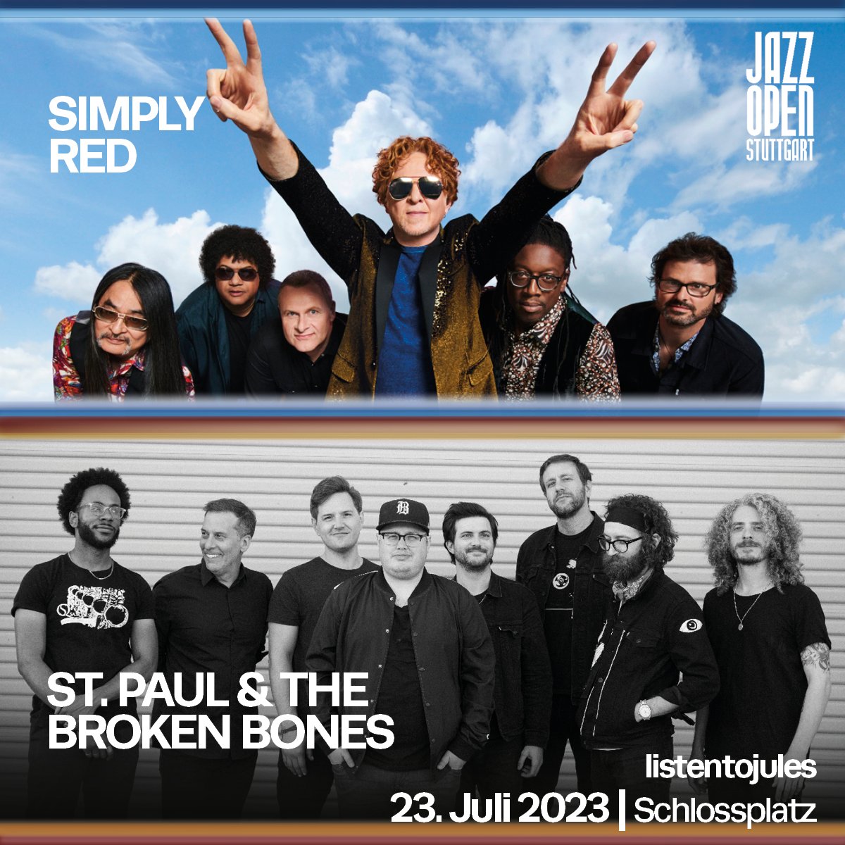 23. Juli 2023: Simply Red | St. Paul &amp; The Broken Bones (Opener: listentojules)
Den Start macht listentojules. Die Band St. Paul &amp; The Broken Bones um Sänger Paul Janeway bringt ihren besonderen Sound auf den Schlossplatz. Last but not least tritt die Kult-Band Simply Red auf!