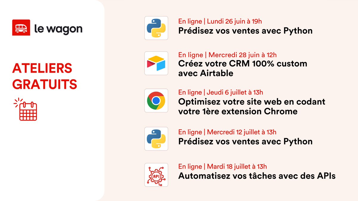 Une immersion gratuite dans le monde de la #tech ! Participez à nos ateliers en ligne et obtenez les bases en #data, #code et #nocode. 🎁Bonus : vous aurez un accès gratuit et illimité à notre plateforme de e-learning 👉 app.livestorm.co/lewagon?upcomi…