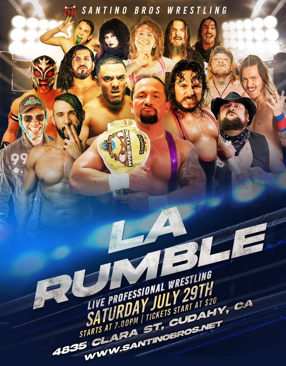 The road to the L.A. Rumble starts now! Don't miss our biggest show of the year. ⭐ 𝙇.𝘼. 𝙍𝙐𝙈𝘽𝙇𝙀 📅 Saturday July 29th, 2023 📍 4835 Clara St, Cudahy, CA 90201 🎟️ $20 Tickets on Sale now ⬇️ LARUMBLE23.eventbrite.com #SantinoBros #ProWrestlingLosAngeles