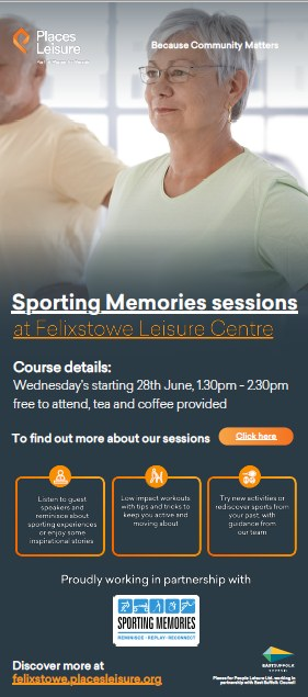 FelixstoweTC's tweet photo. Sporting Memories Sessions will be hosted at Felixstowe Leisure Centre on Wednesdays starting on 28 June 1.30pm-2.30pm.

More information can be found on the poster below. https://t.co/qwcvHnVbEw