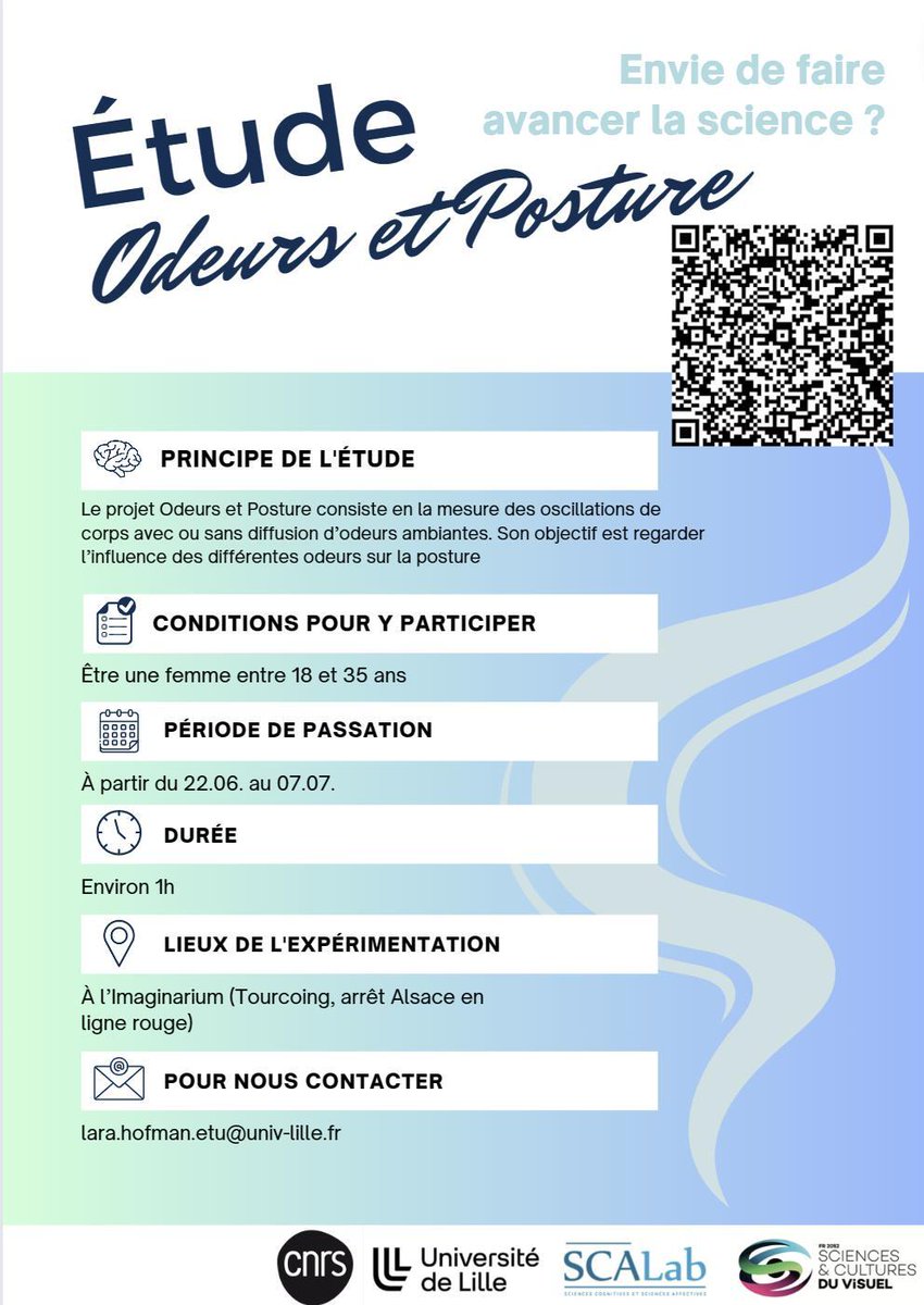 TeamREBOOT_expe's tweet image. Nous cherchons des participantes pour une nouvelle étude ! Cette étude s&apos;intéresse à l&apos;effet des odeurs sur la posture. Vous devrez tout simplement vous tenir debout sur une plateforme et sentir différentes odeurs. 
⏰ 1 heure maximum, tout compris
📍 Imaginarium, Tourcoing