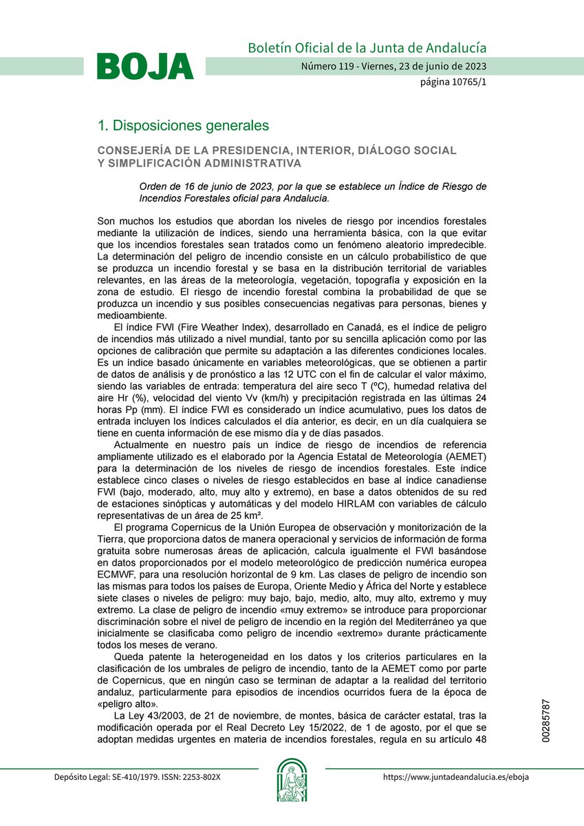 1. En el #BOJA de <a href="/AndaluciaJunta/">Junta de Andalucía</a> de hoy se publica Orden de 16 de junio de 2023, por la que se establece un Índice de Riesgo de Incendios Forestales oficial para Andalucía. 

Entre otras funciones, permite la aplicación de prohibiciones o limitaciones en base a dicho índice,...