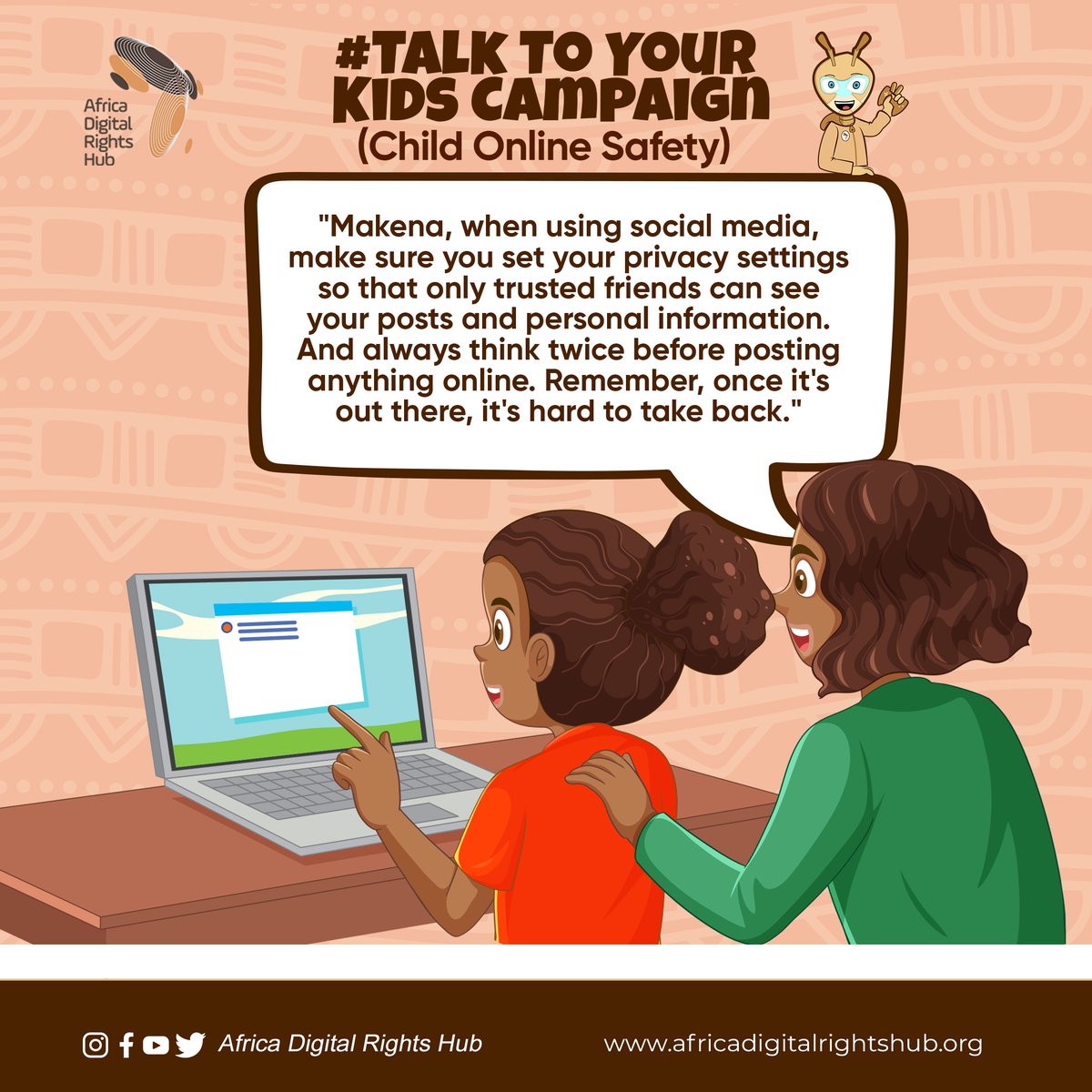 hub_adr's tweet photo. When it comes to social media, guide your child like Makena to set privacy settings that allow only trusted friends to see their posts & personal info. Let them know it is advisable to seek permission from you first before sharing anything online. #TalkToYourChild
1/2 https://t.co/Y7Z58xKs0z