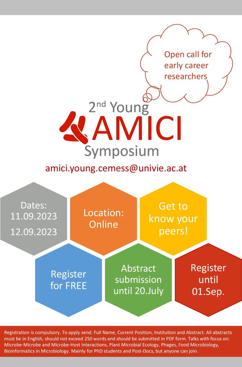 Evelyne Selberherr (@eselberherr) on Twitter photo Open call for the 2nd young AMICI symposium on 11.-12.9.2023! Open speaker slots for PhD students and early career post-docs (microb ecology, food microbio, bioinf, microbiol). Free registration, online event! Submit your abstract now! <a href="/AMICImicrobiome/">Austrian Microbiome</a> Open call for the 2nd young AMICI symposium on 11.-12.9.2023! Open speaker slots for PhD students and early career post-docs (microb ecology, food microbio, bioinf, microbiol). Free registration, online event! Submit your abstract now! <a href="/AMICImicrobiome/">Austrian Microbiome</a>