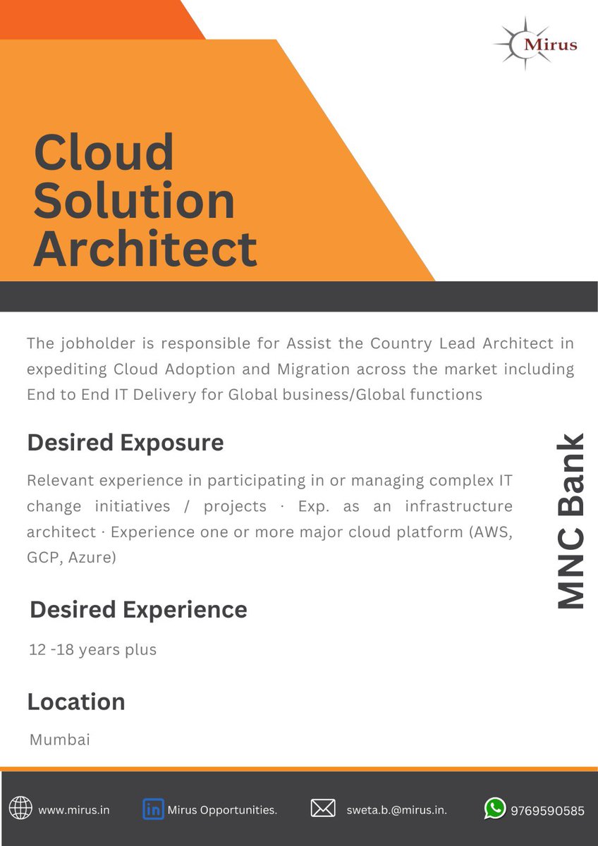 Triedge_in's tweet image. Seeking a skilled Architect to drive Cloud Adoption and Migration, ensuring seamless IT delivery for global businesses and functions.
#cloudsolutionarchitect #infrastructurearchitect #ITdelivery #mumbaijobs #mirusopportunities