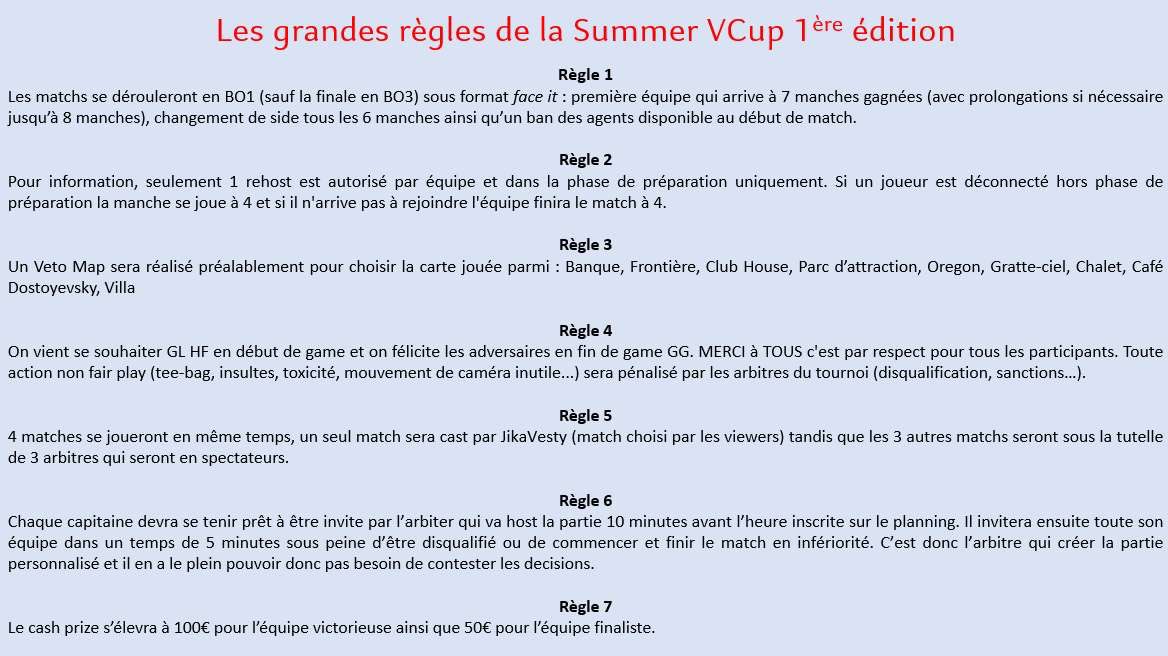 ☀️Summer Vcup 1ère Édition☀️

Voici le bracket, les règles (🇫🇷/🏴󠁧󠁢󠁥󠁮󠁧󠁿) et le déroulement du tournoi sur la journée🔥

Pas besoin de me dire « DM » les règles sont les règles😈

Rendez-vous à 13h début du live 👾 (lien dans ma bio)
À demain et soyez en forme😉

GL à tous✌🏾

#RT🔥