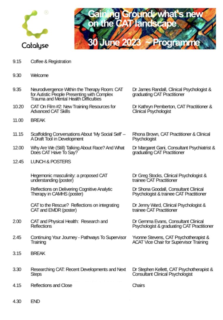 Still time to book in for #CATground23 which takes place next Friday, 30 June. Come along to hear about what's new on the #CognitiveAnalyticTherapy landscape. Programme now updated catalyse.uk.com/cpd/gaining-gr…