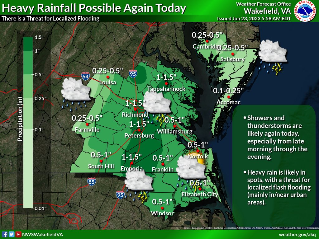 Good morning! Heavy rain is again likely in spots today, with a threat for localized flooding (mainly in/near urban areas). Showers and t-storms will be most widespread between late morning-evening. Have a great day!