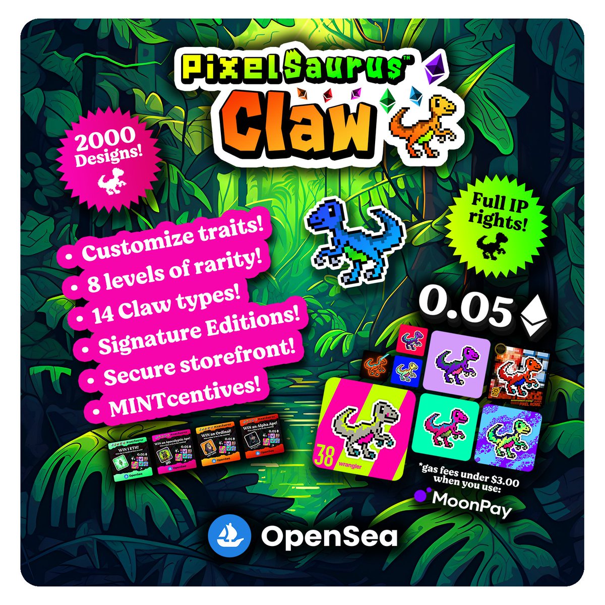 PixelSaurus's tweet image. Minting NOW on #OpenSea Drops | 0.05 Ξ
✨  opensea.io/collection/pix…

🦖  Customize up to 3 #NFT traits for FREE!
🖼️  2000 handmade designs!
🪝  14 claw types to collect!
🪜  8 levels of rarity!
🎁  MINTcentives!
🗺️  Share our #OtherSide #54747!
✅  VERIFIED #OpenSeaNFT account!