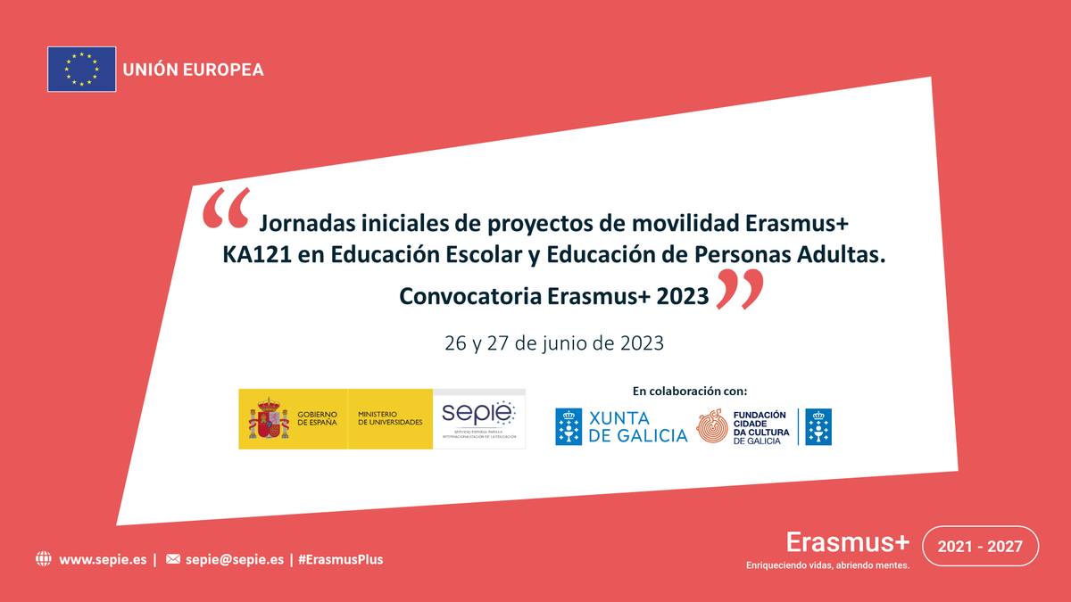 Sigue en directo los días 26 y 27 de junio las jornadas iniciales de proyectos de movilidad Erasmus+ KA121 en Educación Escolar y Educación de Personas Adultas que celebraremos en <a href="/CidadedaCultura/">Cidade da Cultura</a> Galicia.

▶️ Lunes 26 youtube.com/watch?v=-M0HIY…

▶️ Martes 27 youtube.com/watch?v=t6JrQH…