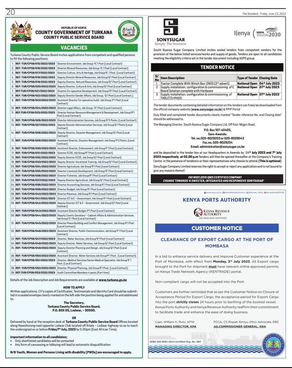 Turkana County Public Service Board has officially announced vacancies for the positions of Deputy County Secretary and several directorships. 

Interested individuals to apply before the submission deadline of Friday 7th July 2023.