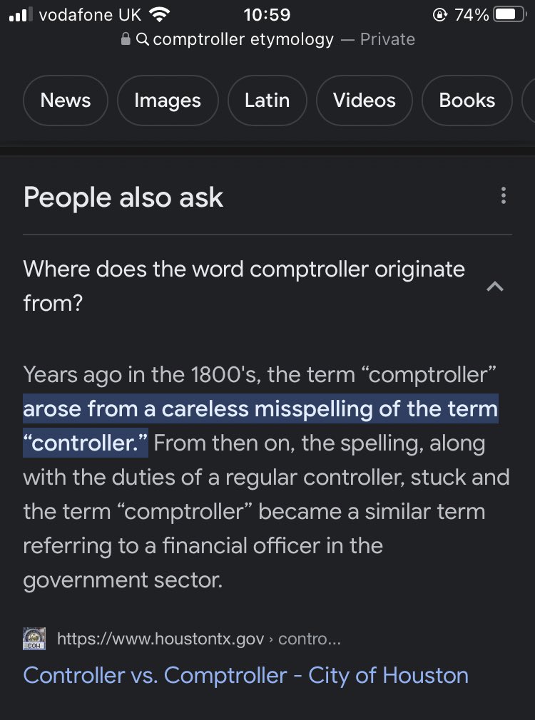 I still can’t believe “comptroller” is a real word. I swear someone just misspelled ‘controller’ 200 years ago and everyone ran with it. …except that is exactly what happened. Holy shit