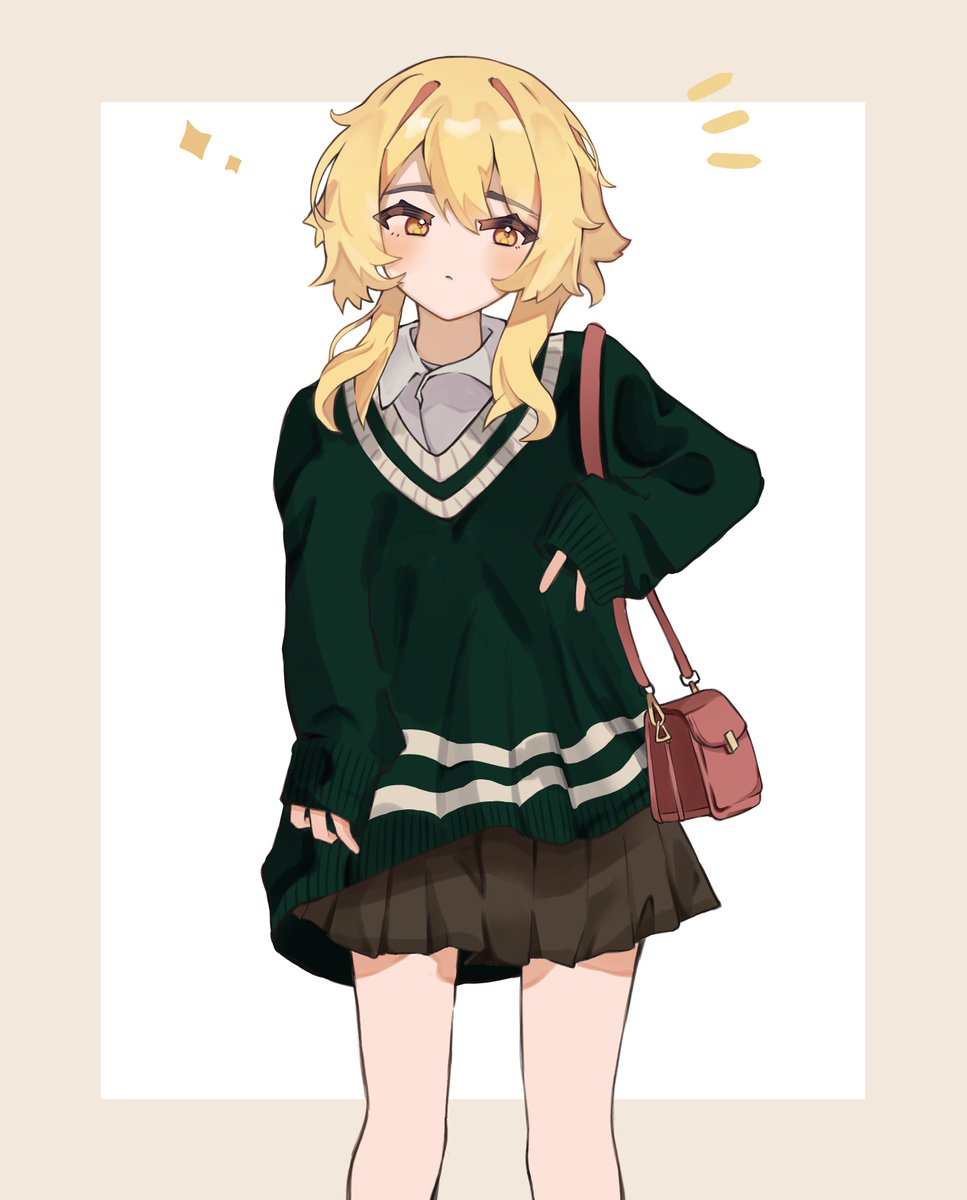 lumine (genshin impact) 1girl blonde hair solo skirt bag sweater yellow eyes  illustration images