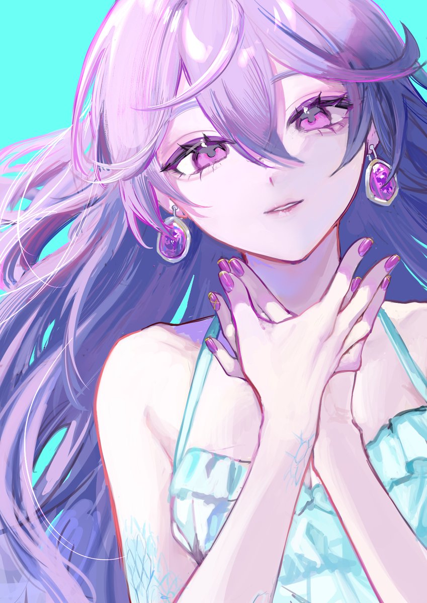 1girl solo earrings jewelry purple nails long hair purple hair  illustration images