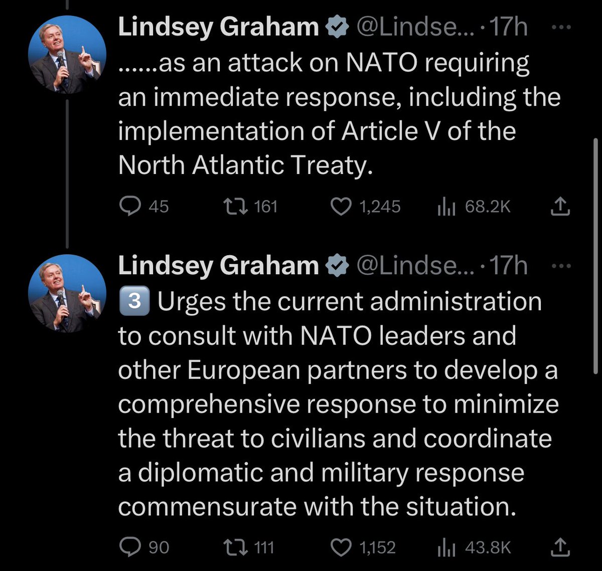 ianmiles's tweet photo. Lindsey Graham is preparing to false flag a nuclear disaster in Ukraine to trigger Article 5 and get the US directly involved with ground forces to fight against Russia. World War 3 here we come. https://t.co/2WJjr7OuWq