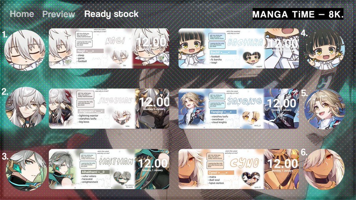 Help RT? Thanks.

Halo, saya bawa layout ready stock genshin, hsr, anime ( bluelock ) di jam 18:00 nih! Untuk harga 8k/leot ya. Boleh langsung ditake sekarang dengan tambahan fee (+1k). Dapat 1 ava PNG, yuk jajan! Sebut chara/nomor aja ya. ( 3. boys / girls)

#zonauang #zonajajan