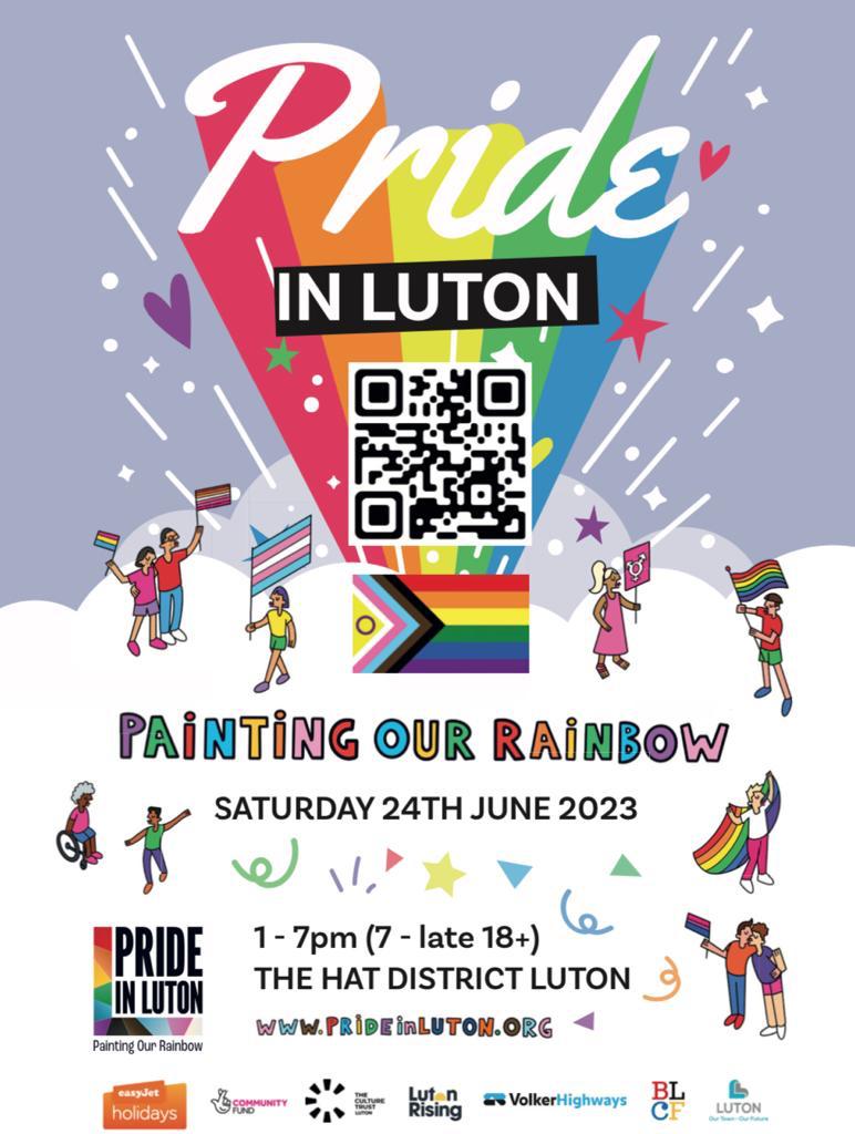 We hope to see lots of you tomorrow for Pride in Luton, celebrating all the beautiful diversity in the area! We'll be there to chat at our stall in the Wellbeing Hub within the Hat Factory where we'll have leaflets, badges etc and then later we hope to join the party!