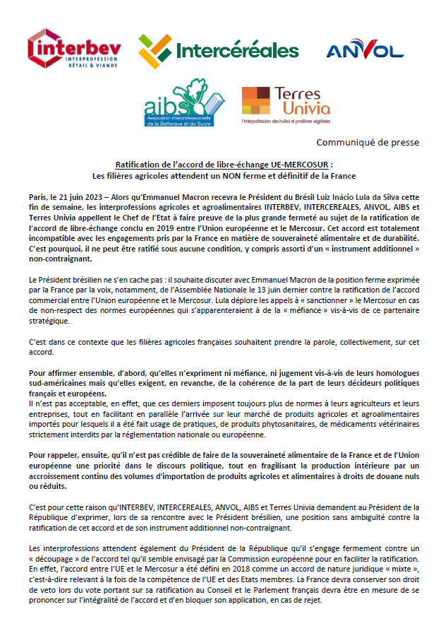 #MERCOSUR - Les filières agricoles attendent un Non ferme et définitif de la France <a href="/Elysee/">Élysée</a> <a href="/Agri_Gouv/">Ministère Agriculture et Souveraineté alimentaire</a>
<a href="/Economie_Gouv/">Ministère de l'Économie et des Finances</a> <a href="/terresunivia/">Terres Univia</a>