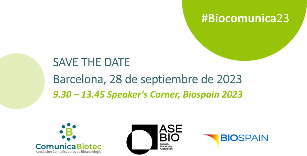 Este año, nuestro congreso #Biocomunica23 tendrá lugar el  28/09 en el speaker corner de <a href="/BIOSPAIN_AseBio/">BIOSPAIN</a>
Un paso más para afianzar la estrecha relación entre nuestra asociación y <a href="/AseBio/">AseBio - Asociación Española de Bioempresas</a> 🤝 ❤️
Pronto abriremos inscripciones en nuestra web #savethedate