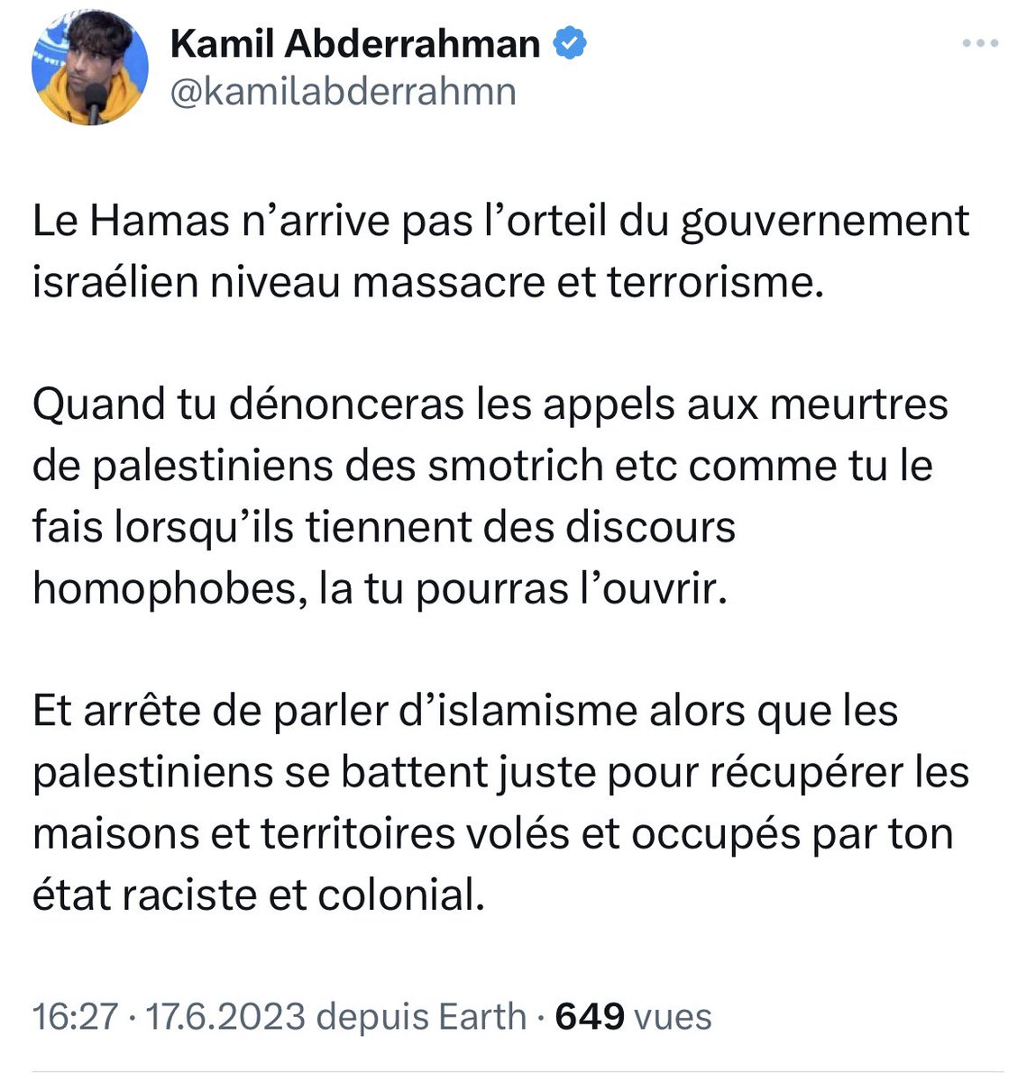 Cher @kamilabderrahmn, voici une leçon de cohérence qui te remettra en place : 

1. Tu écris : 'là tu pourras l'ouvrir'. Ça tombe bien ! Je t'invite à lire mes très nombreux tweets contre l'extrême droite israélienne, notamment contre Smotrich, les discours racistes et…