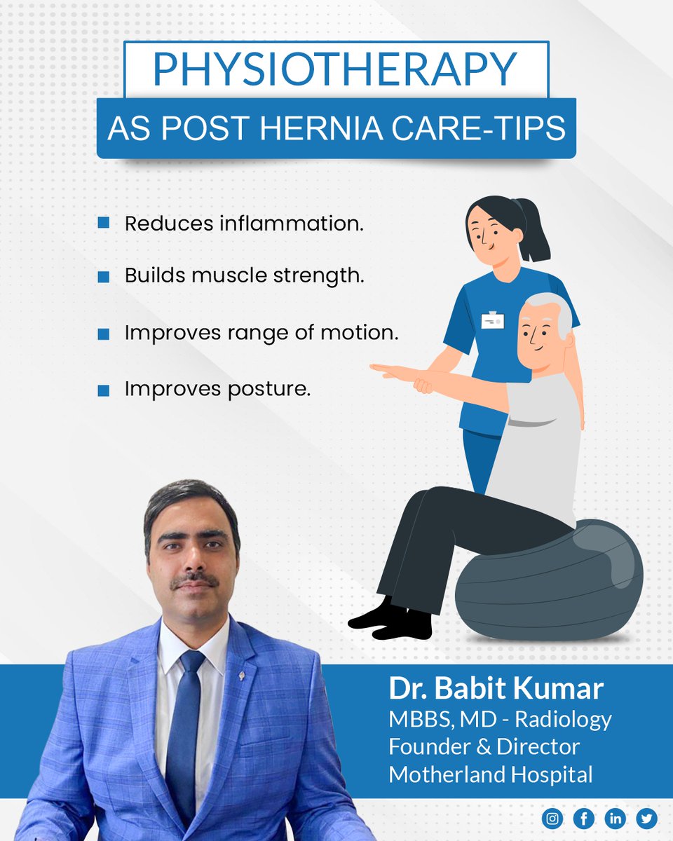 drbabitkumarin's tweet image. After #herniasurgery, it's important to take care of yourself to ensure a #smoothrecovery.
Some general care Tips:
- Avoid heavy lifting and strenuous activities
- Eat a #healthydiet
- Wear loose and #comfortableclothing
- Follow your surgeon's instructions
#drbabitkumar #doctor