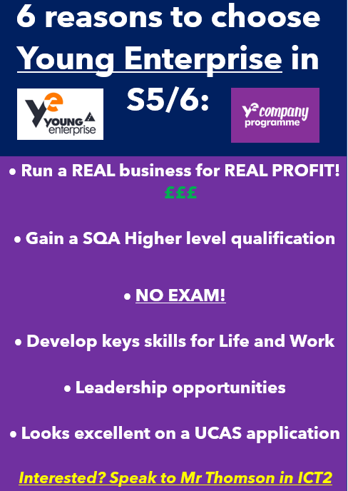 Excited to announce that as of August, <a href="/ClydeValleyHS/">Clyde Valley High School</a> will be offering S5&amp;6 pupils <a href="/YE_Scotland/">Young Enterprise Scotland</a> Company Programme as a Higher equivalent course option. Here are just a few reasons to get involved... 
<a href="/ClydeValleyDT/">Clyde Valley Design & Technology</a> <a href="/ClydeValleyPE/">ClydeValleyPE</a> <a href="/ClydeParent/">CLYDE VALLEY HIGH SCHOOL PARENT GROUP</a> <a href="/DYWLED/">DYW Lanarkshire & East Dunbartonshire</a> <a href="/nlcpeople/">NorthLanCouncil</a> <a href="/NLDigitalSchool/">Digital Learning and Teaching NL</a>
