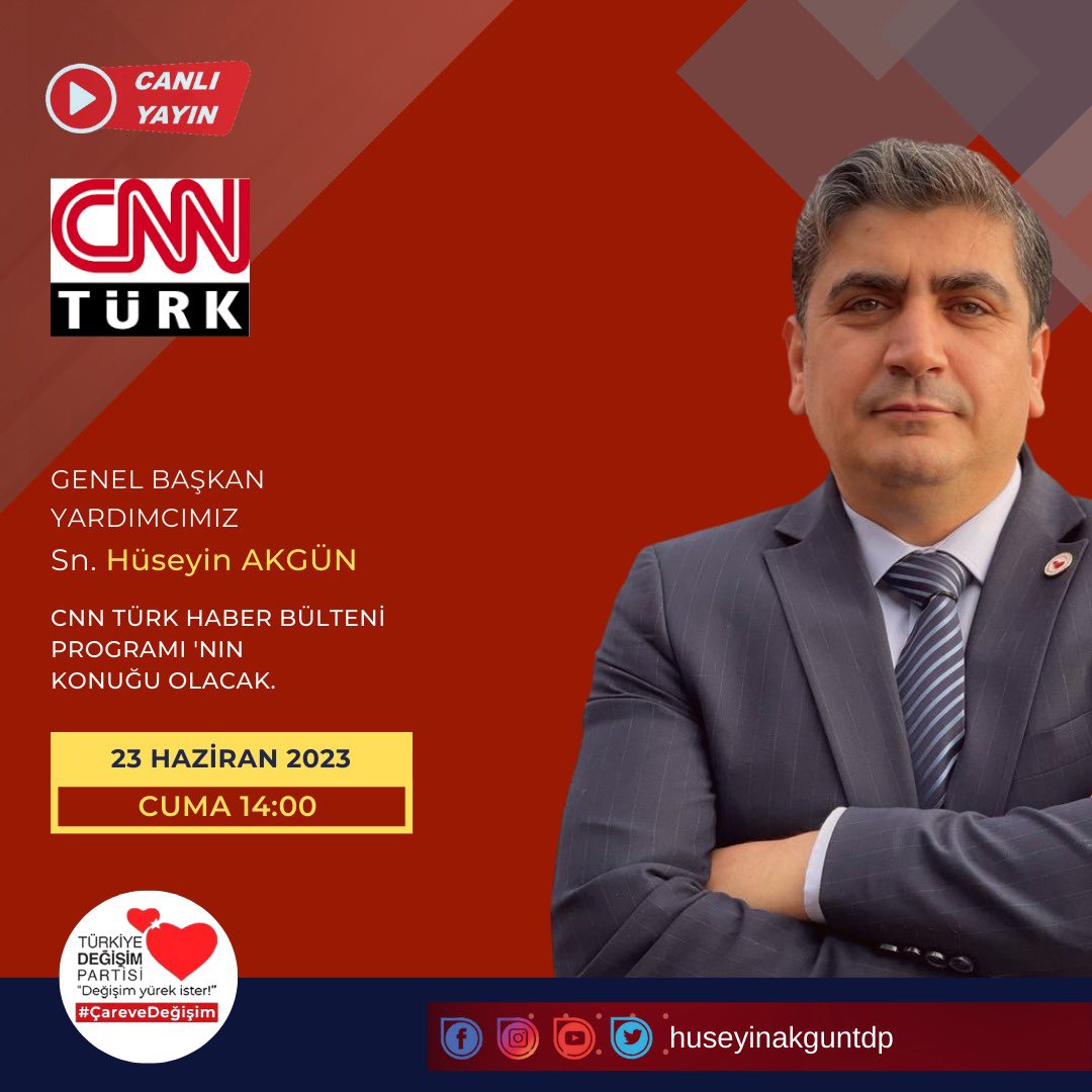 tchuseyinakgun's tweet photo. 23 Haziran (bugün) saat 14:00’da @cnnturk ‘te ekran başına bekliyorum.

ülkemizin ve milletimizin gündemini değerlendireceğiz.

#StajSskBaslangiciOlsun #StajCırakBirdirSGKBaslangıcıdır #KonutSorunu #imar #YapıKayıtMağdurları  #2000LereAdilYasa 
#UzmanCavus #öğretmen #emeklilik #EYT @kilicdarogluk @M_Sarigul #tdp