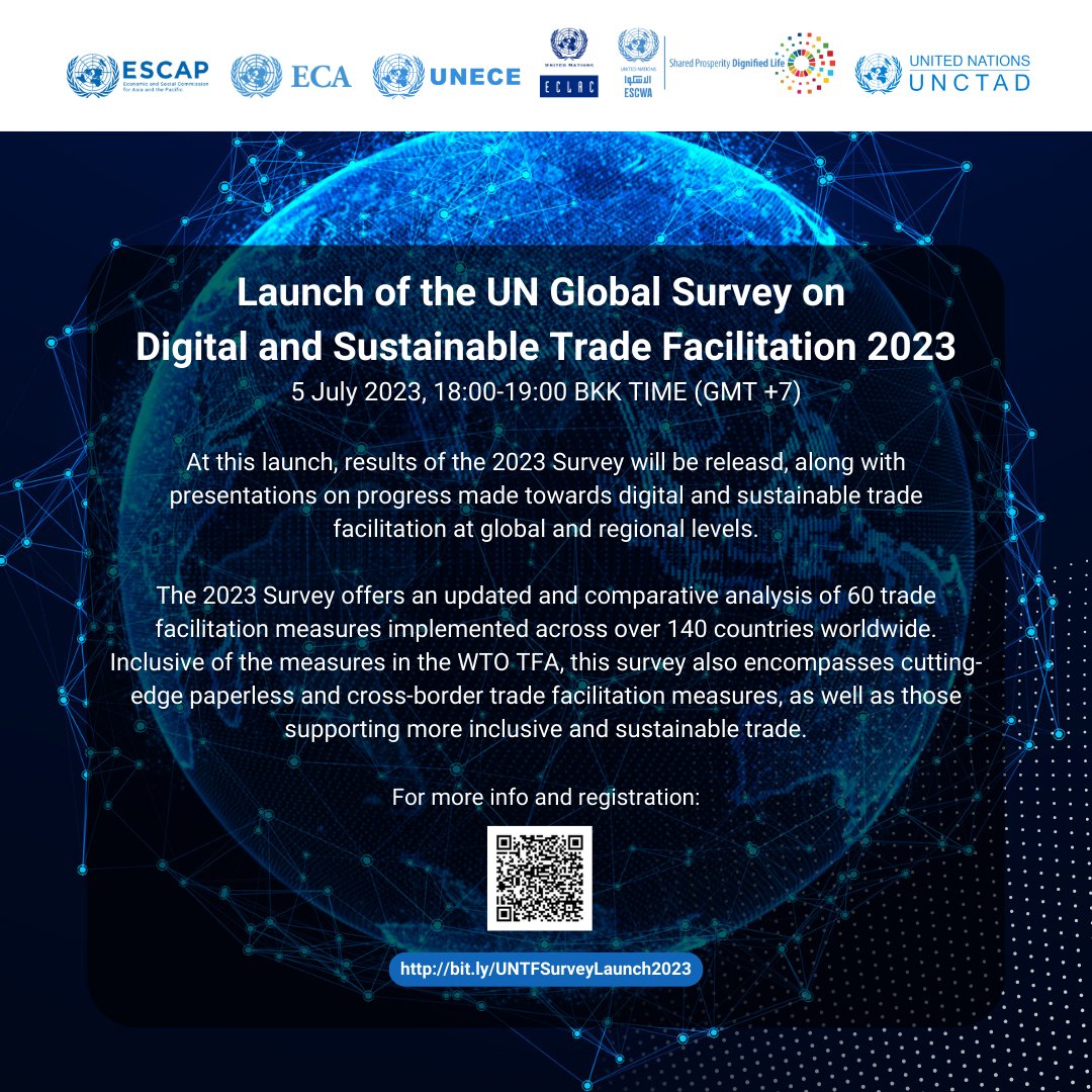 ATPC2's tweet photo. #ComingUpSoon: Launch of UN Global Survey on Digital &amp; Sustainable Trade Facilitation 2023
5 July 2023 | 18:00-19:00 Bangkok Time (GMT+7)
Conceived in 2015, the Survey has been conducted by the @UN Regional Commissions &amp; @UNCTAD together with @ADB @ASEAN @ICC @ATPC2 @ECA_OFFICIAL https://t.co/0Eqb0CbaHl