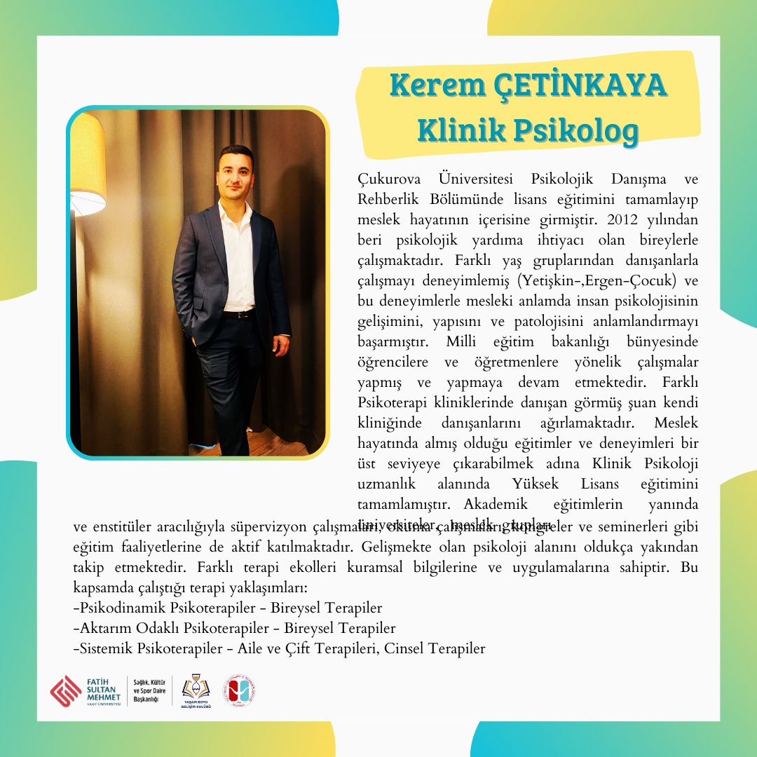 Öğretim Görevlisi Uzman Psikolojik Danışman/ Klinik Psikolog Kerem ÇETİNKAYA Hocamızı daha yakından tanıyalım.
25 Haziran Pazar Günü Saat 14:00’da hocamız "Çocukluk Çağı Ruhsal Travmaları ve Çocuk Psikopatolojileri" konusu ile bizimle olacak.🩵
<a href="/fsmvu/">Fatih Sultan Mehmet Vakıf Üniversitesi</a>
<a href="/fsmvusks/">FSMVÜ SKS</a>