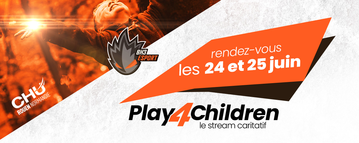 Nous avons eu la plaisir d'être les invités du stream caritatif Play4Children visant à levé des fonds pour équiper le service pédiatrique du C.H.U. de Rouen.

Vous pourrez nous retrouvez en stream du samedi 24 Juin à 10h00 jusqu'au dimanche 25 Juin à 22h00.

@BH3_Esport 
#P4C