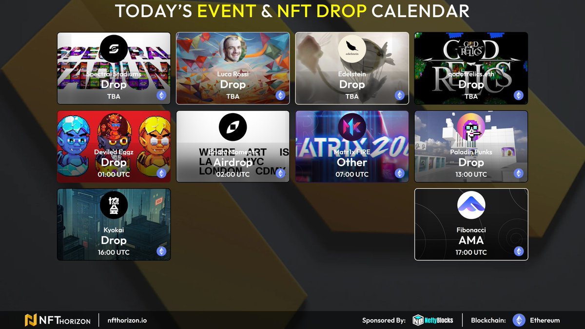 nfthorizon_io's tweet photo. 📅Ethereum Blockchain Jun 23 Calendar

Upvote💛 your favorite events!

(UTC)
01:00 @DeviledEggzNFT Mint
02:00 @brtmoments CIVICS at VENICE BEACH, CA
07:00 @Matr1xOfficial Reward Claim Deadline
13:00 @paladinpunks Mint
16:00 @KyokaiOfficial Mint
17:00 @FIBOGlobal Earn Crypto Tokens 
TBA @spectralstadium Mint
TBA @LucaRossiArt Breakdown
TBA @edelstein_nft Mint
TBA @GodofRelics Mint

All details👇
https://t.co/p6TMl4nWkZ