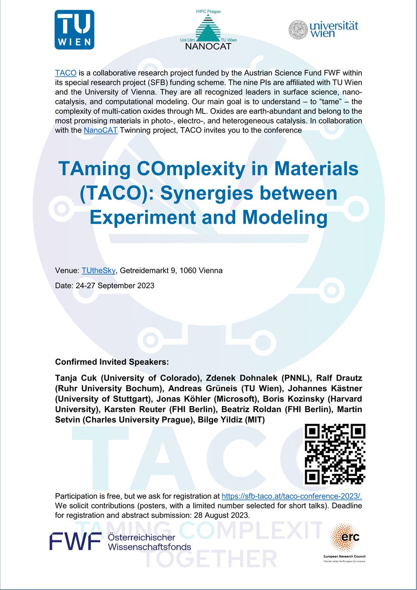 Registration is now open for our conference "TAming COmplexity in Materials (TACO): Synergies between Experiment and Modeling"! We also solicit contributions such as talks and posters. Please register on our website at sfb-taco.at/taco-conferenc… by August 28. Please retweet!