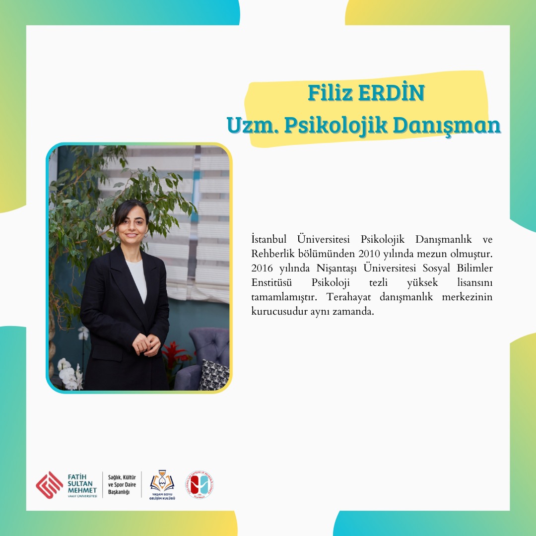 Uzman Psikolojik Danışman Filiz ERDİN Hocamızı daha yakından tanıyalım.✨ 
25 Haziran Pazar Günü Saat 10:10'da hocamız "Travma ve Bağlanma" konusu ile bizimle olacak.🩵

📍Katılım için: docs.google.com/forms/u/0/d/1M…

<a href="/fsmvu/">Fatih Sultan Mehmet Vakıf Üniversitesi</a>
<a href="/fsmvusks/">FSMVÜ SKS</a>